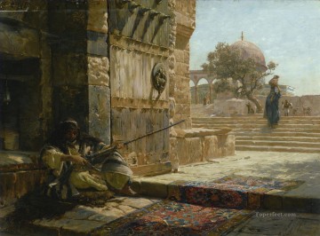 three women at the table by the lamp Painting - SENTINEL AT THE ENTRANCE TO THE TEMPLE MOUNT JERUSALEM Gustav Bauernfeind Orientalist Jewish